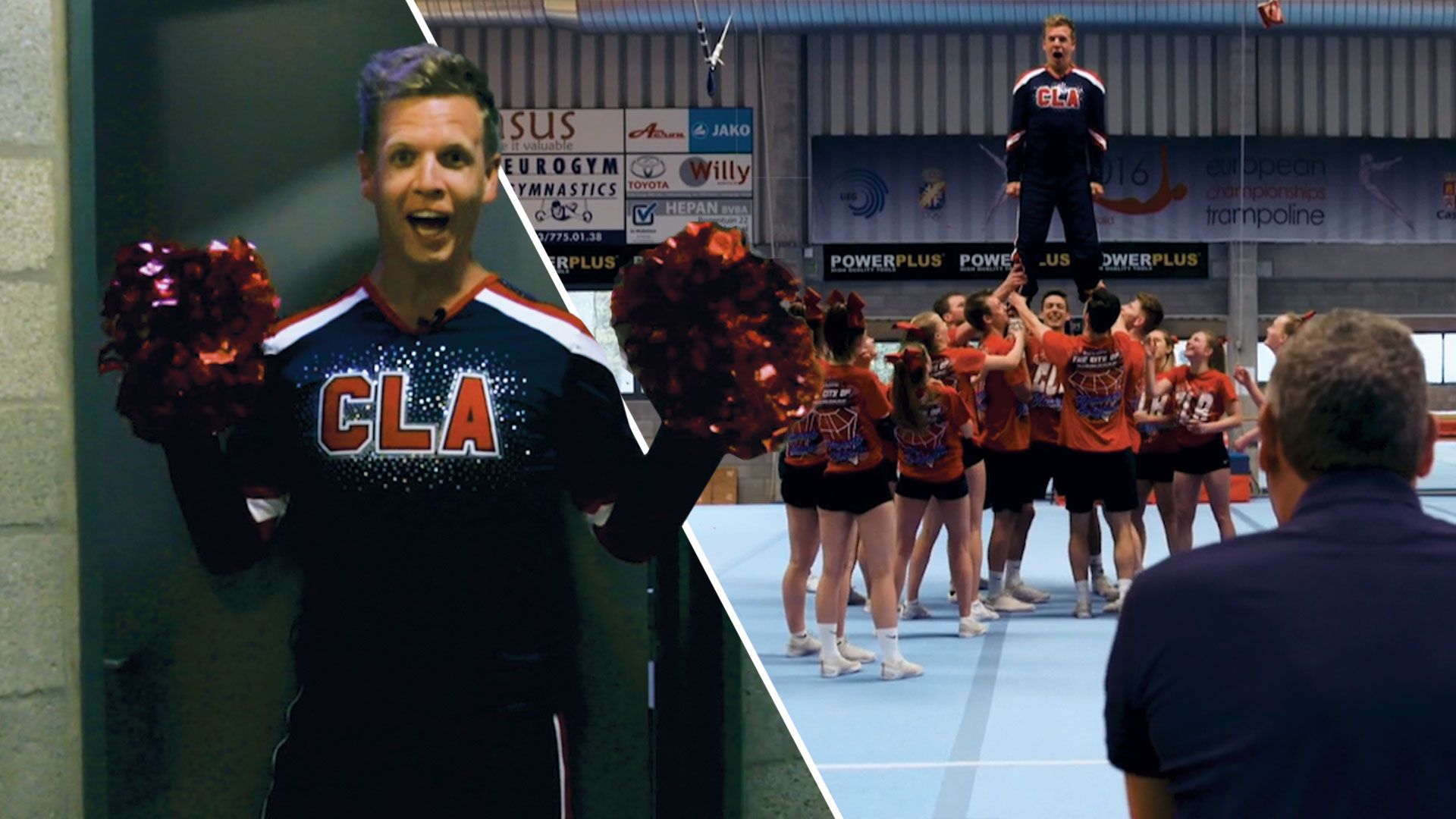 Gert Verhulst ligt dubbel tijdens  cheerleadertraining James Cooke